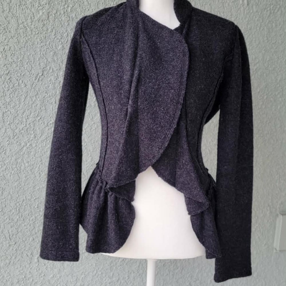 Cache 100% Wool Peplum Jacket Small Fitted Blazer Gray Draped Front Tailored - Picture 11 of 11